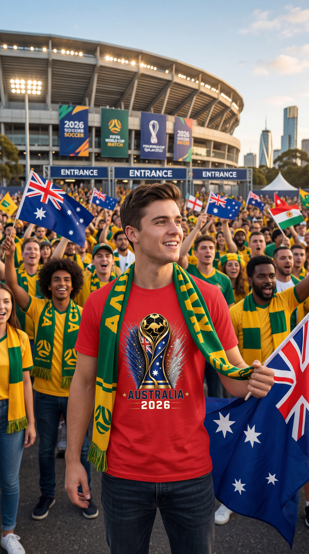 Man in a red shirt with Australia 2026 scarf and flags at a sports event