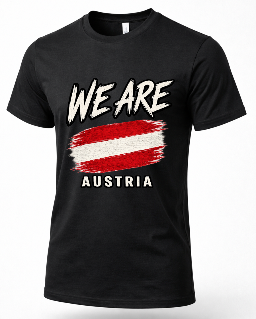 A black short-sleeve crewneck t-shirt featuring a graphic print with the text 'WE ARE' in white brush lettering above a red and white striped flag design, and 'AUSTRIA' printed below in white.