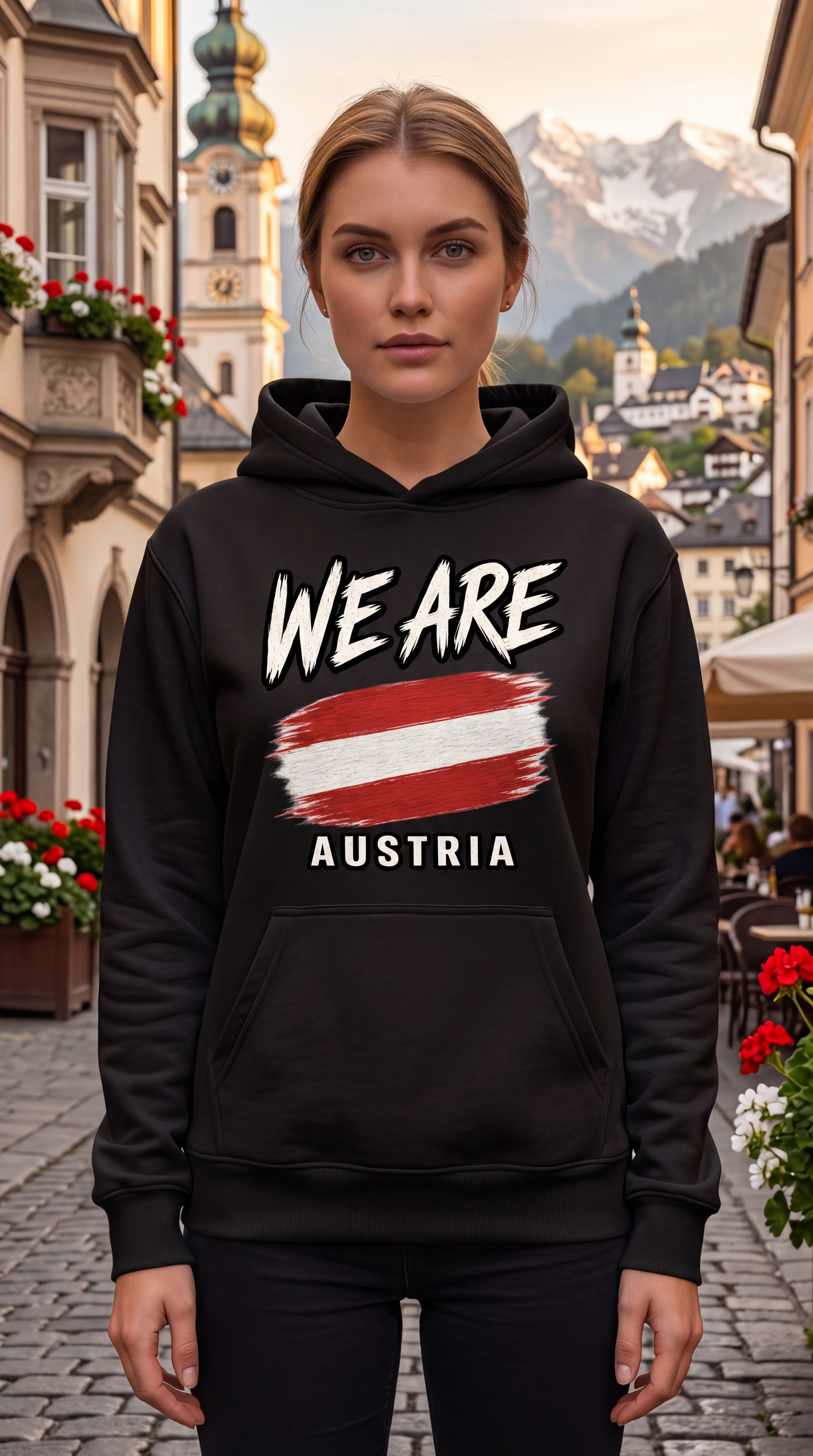 A woman stands in a cobblestone town square wearing a black hoodie with a graphic print that reads 'WE ARE AUSTRIA' above and below an Austrian flag design. Mountains and buildings are visible in the background.