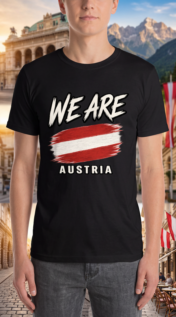 A man wearing a black graphic t-shirt with 'WE ARE AUSTRIA' and an Austrian flag design, set against a scenic background of a classical building and mountains.