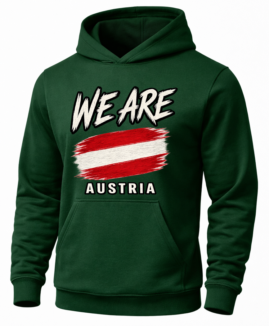 A dark green pullover hoodie with a graphic print on the front. The design features the text 'WE ARE' in a stylized white font with black outlines, a red and white striped flag graphic resembling a paint stroke, and the word 'AUSTRIA' in white block letters below.