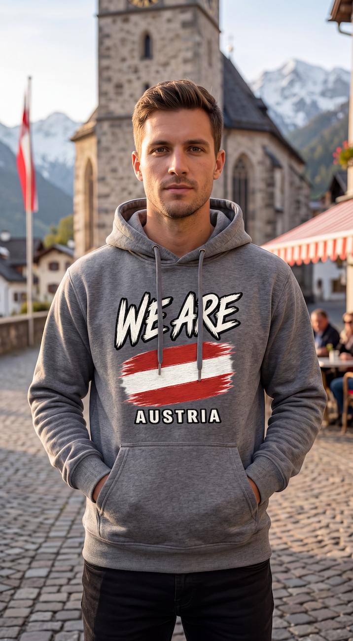 A man wearing a heather gray hoodie with a graphic print that reads 'WE ARE AUSTRIA' and features the Austrian flag, standing in front of a stone church and mountains.