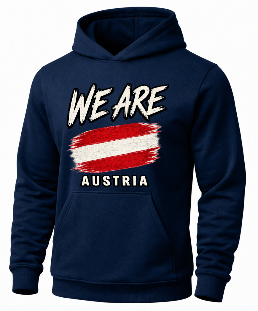 A navy blue pullover hoodie with a graphic on the chest that reads 'WE ARE AUSTRIA' above and below a red-and-white striped flag design, shown on a plain white background.