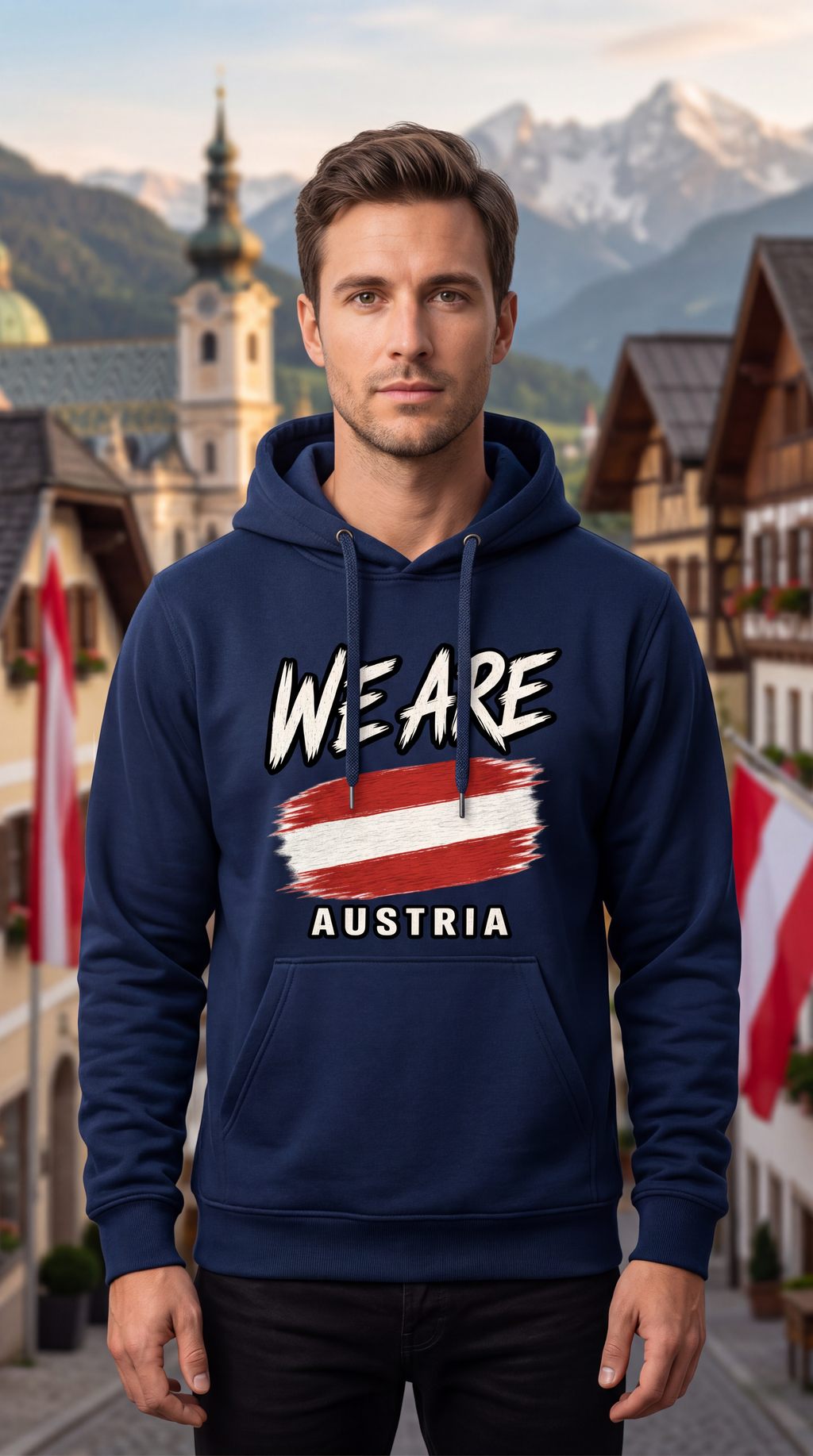 A man wearing a navy blue hoodie with 'WE ARE AUSTRIA' and an Austrian flag graphic on the front, standing in front of a blurred Austrian village and mountain backdrop.