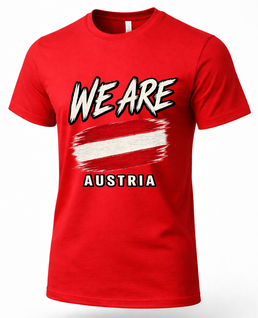A red short-sleeve crewneck t-shirt featuring a graphic print of the Austrian flag with the text 'WE ARE' above and 'AUSTRIA' below, displayed on a clean white background.