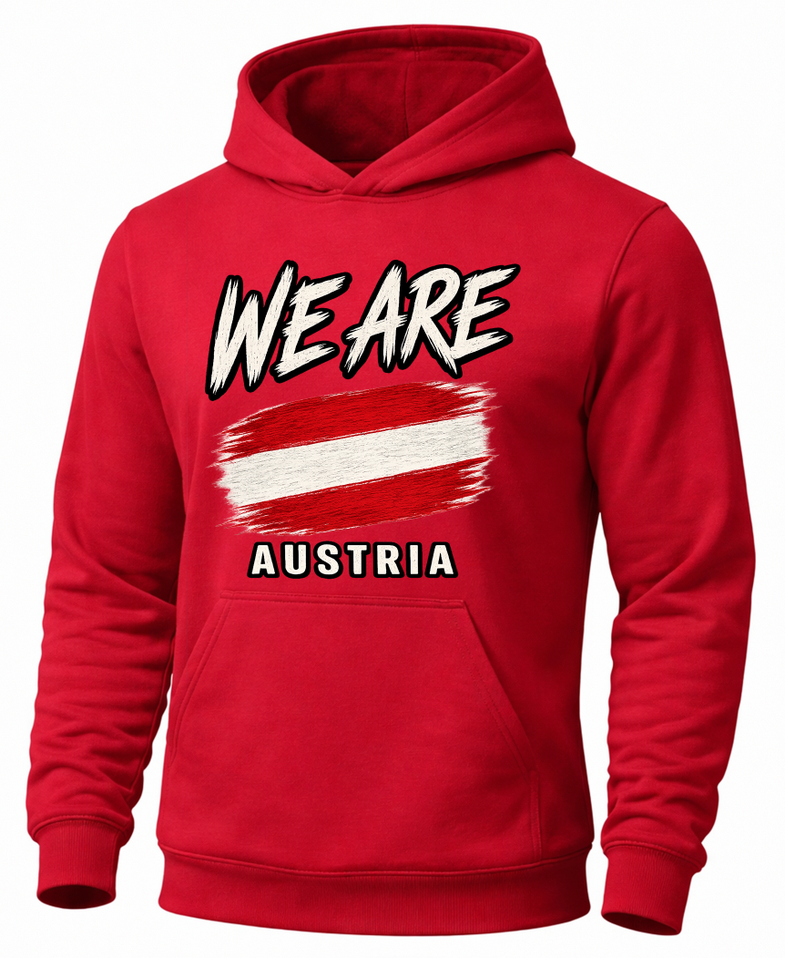 A red pullover hoodie with a graphic on the chest that reads 'WE ARE' above a red-and-white flag design and 'AUSTRIA' below, shown on a plain white background.