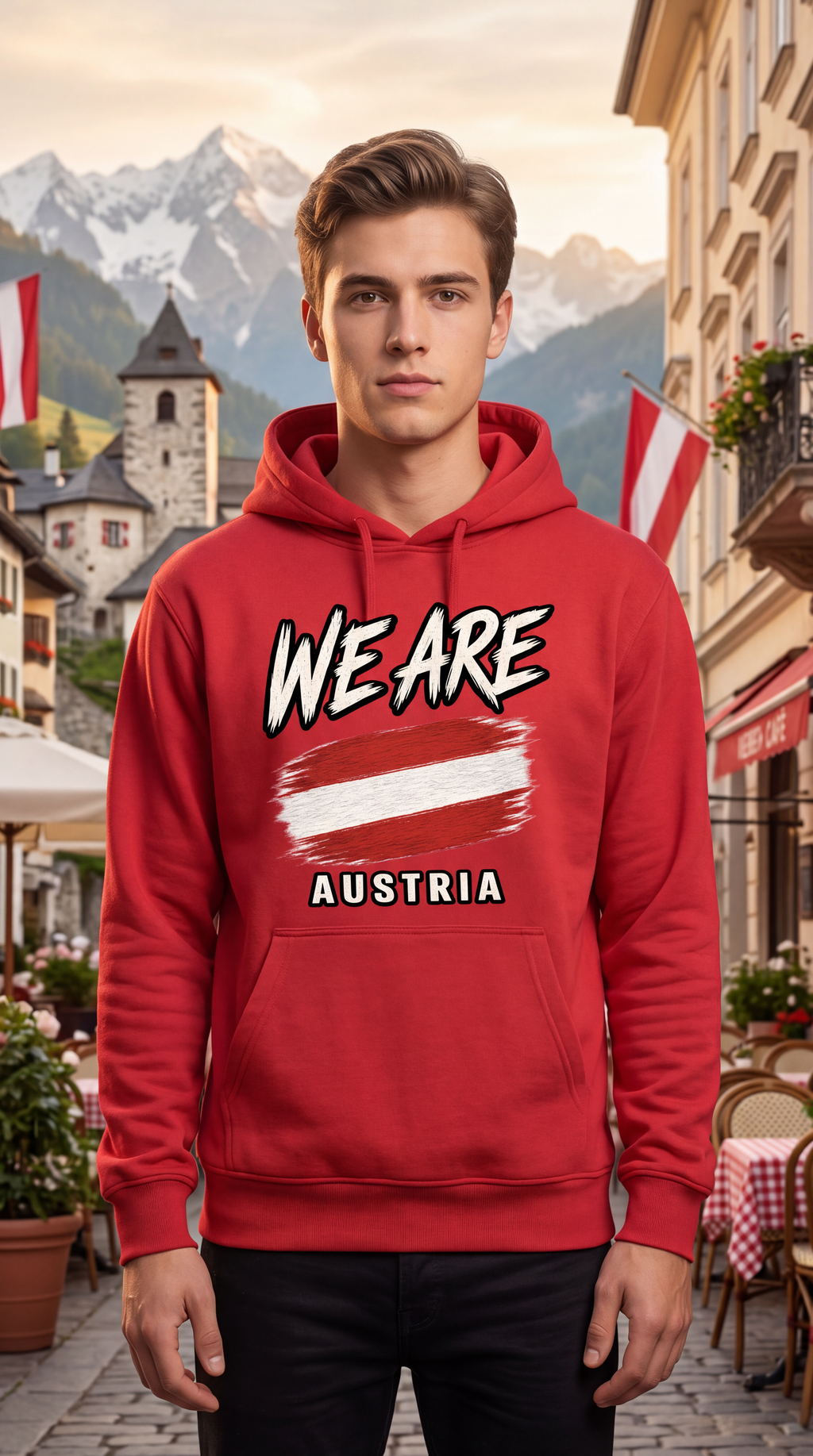 A man wearing a red pullover hoodie with a graphic that reads 'WE ARE AUSTRIA' and an Austrian flag design, standing in a scenic Austrian town street with mountains in the background.