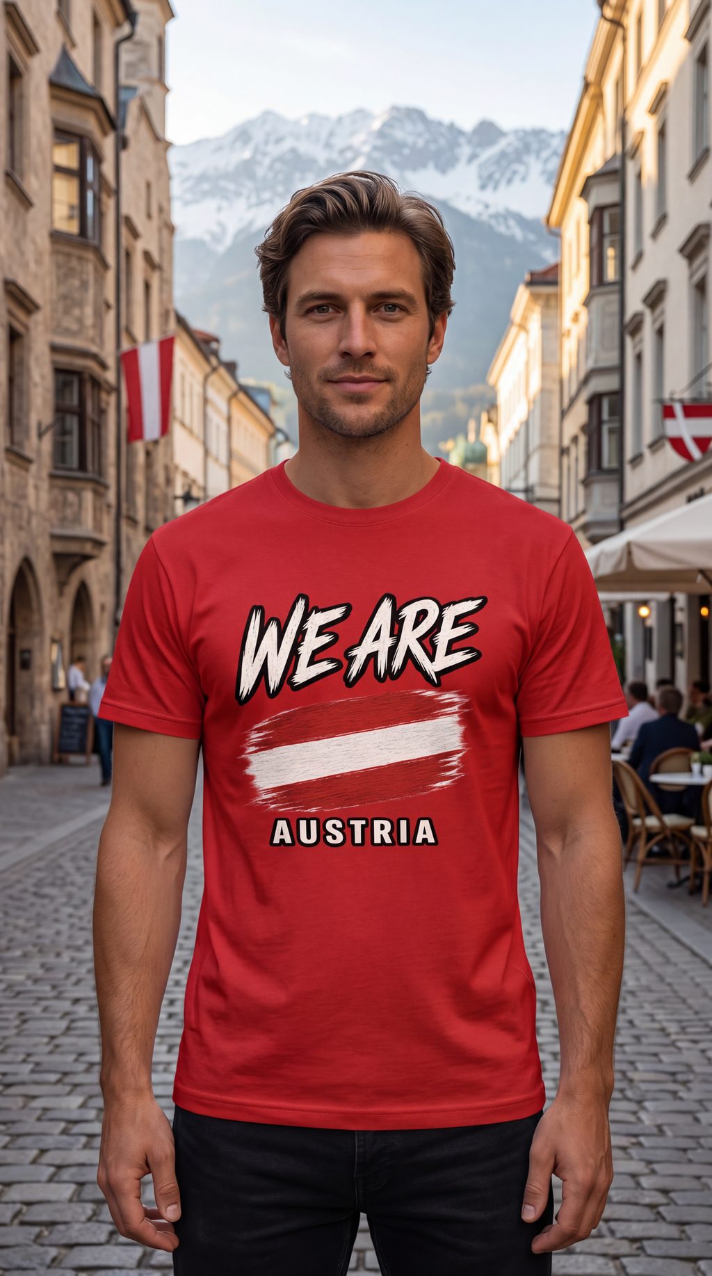 A man standing on a cobblestone street in front of mountains, wearing a red graphic t-shirt with 'WE ARE AUSTRIA' and an Austrian flag design.