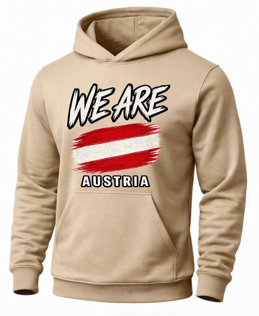 A beige pullover hoodie with a graphic print on the front featuring the text 'WE ARE' above a red and white striped flag design and 'AUSTRIA' below, shown on a plain white background.