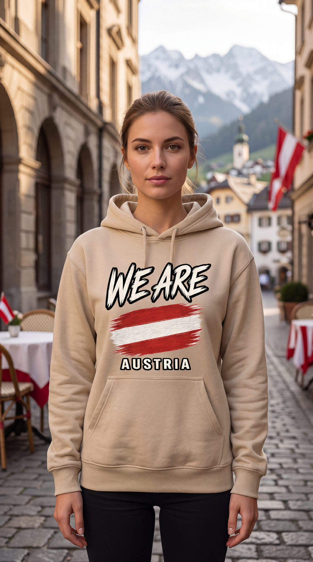 A woman stands on a cobblestone street wearing a beige hoodie with a graphic that reads 'WE ARE AUSTRIA' above and below an Austrian flag. Buildings and mountains are visible in the background.