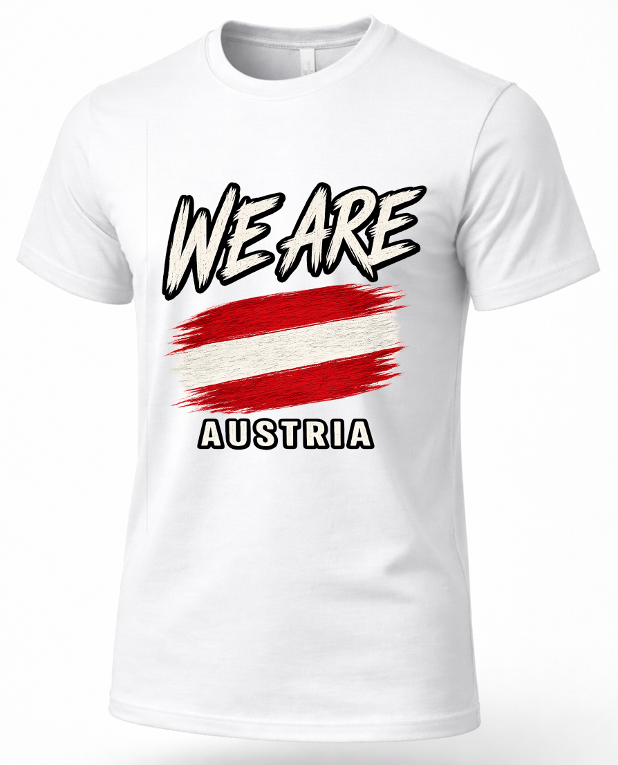 A white short-sleeve crewneck t-shirt featuring a graphic print of the Austrian flag with the text 'WE ARE' above and 'AUSTRIA' below in black.