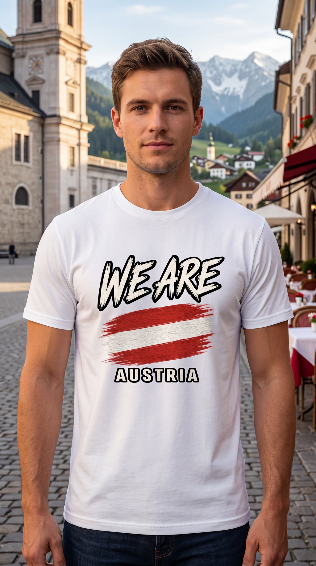A man wearing a white graphic t-shirt with 'WE ARE AUSTRIA' and an Austrian flag design, standing in a scenic outdoor town square with mountains in the background.