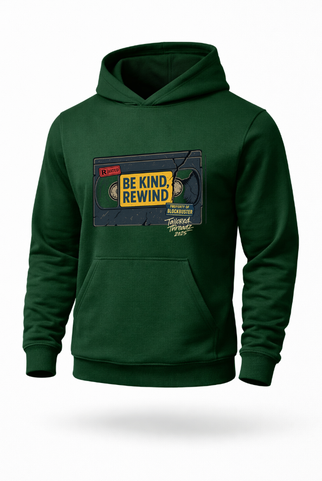 be kind rewind vhs retro movie graphic hoodie by Tailored Threadz