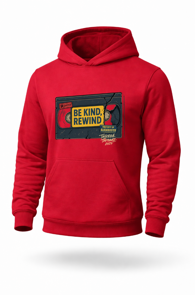 be kind rewind vhs retro movie graphic hoodie by Tailored Threadz