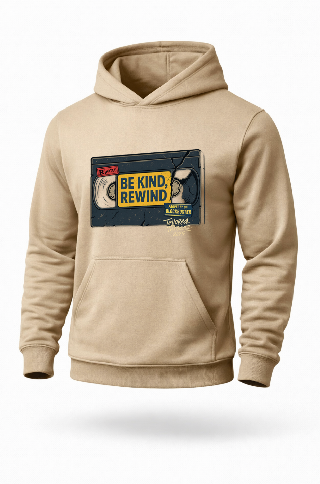 be kind rewind vhs retro movie graphic hoodie by Tailored Threadz
