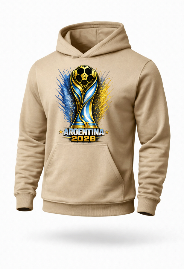 Beige Argentina 2026 soccer fan hoodie mockup with blue gold football trophy design