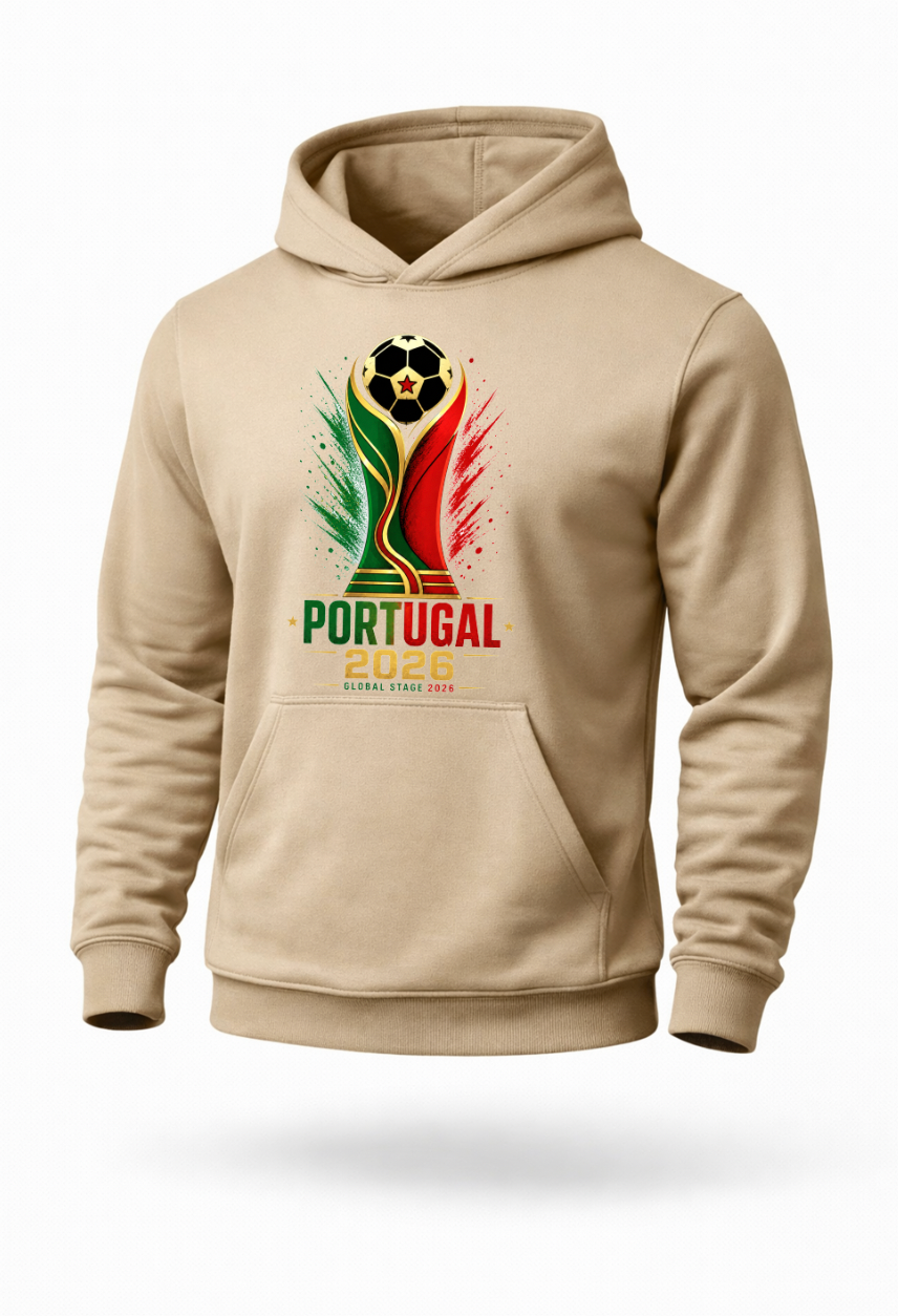 Beige Portugal 2026 football streetwear hoodie mockup with Portugal supporter graphic artwork