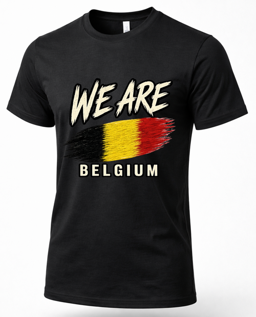 A black short-sleeve crewneck t-shirt featuring a distressed graphic print with the text 'WE ARE BELGIUM' and a stylized Belgian flag in black, yellow, and red.