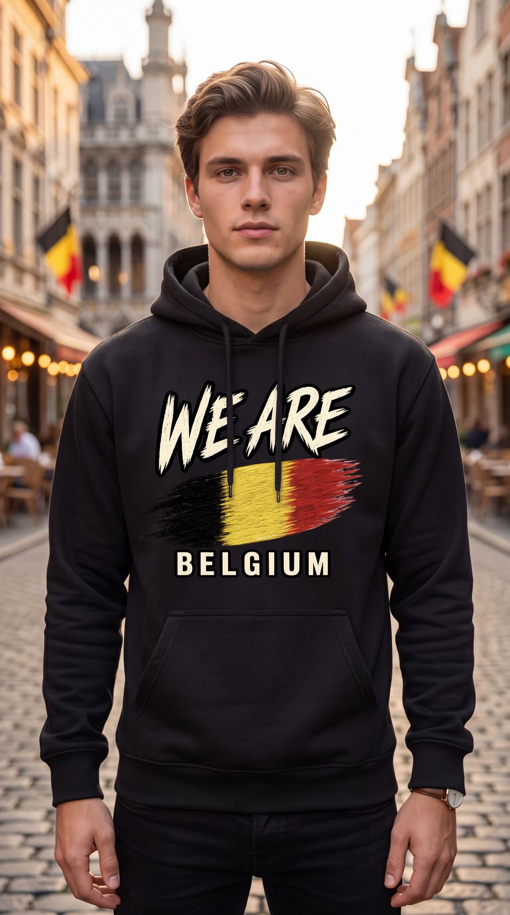 A man wearing a black hoodie with a graphic that reads 'WE ARE BELGIUM' and a stylized Belgian flag, standing on a cobblestone street with blurred buildings and flags in the background.