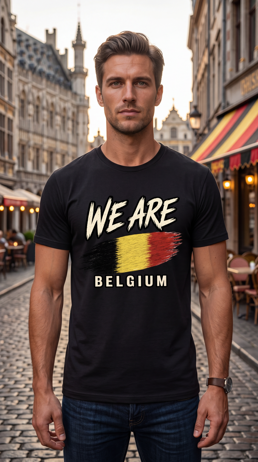 A man standing on a cobblestone street wearing a black graphic T-shirt that reads 'WE ARE BELGIUM' with a stylized Belgian flag design, photographed in an outdoor urban setting.