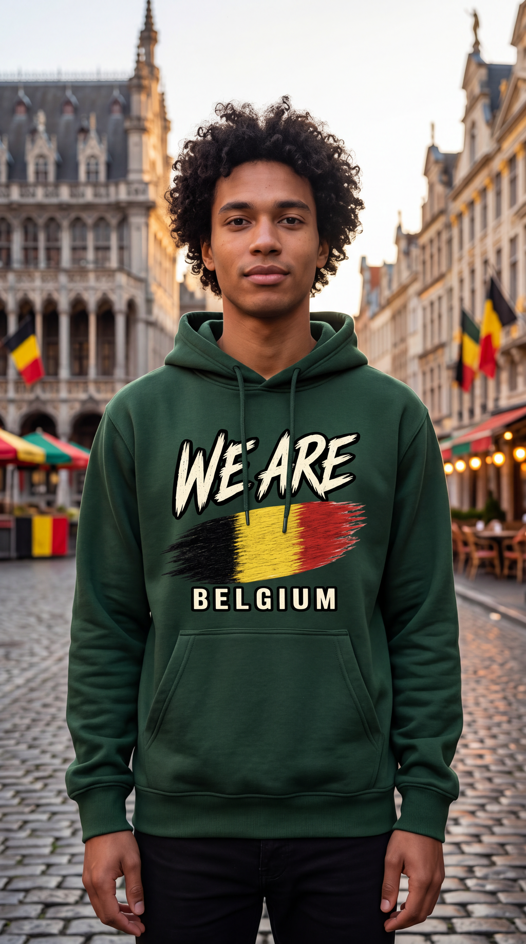 A young man with curly black hair stands in a cobblestone city square wearing a dark green hoodie with a graphic that reads 'WE ARE BELGIUM' above and below a Belgian flag design. Historic buildings and small market stalls are visible in the background.