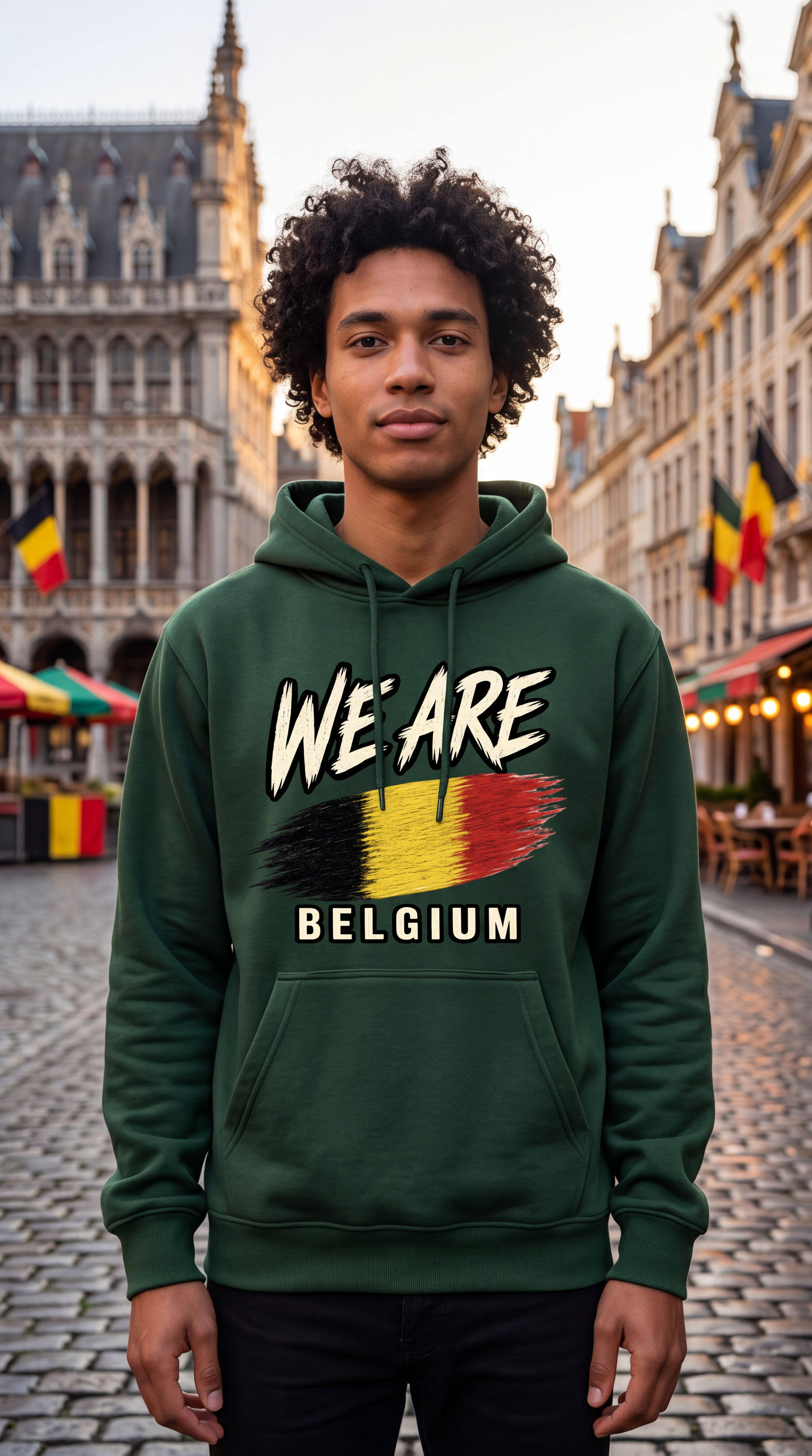 A young man with curly black hair stands in a cobblestone city square wearing a dark green hoodie with a graphic that reads 'WE ARE BELGIUM' above and below a Belgian flag design. Historic buildings and small market stalls are visible in the background.