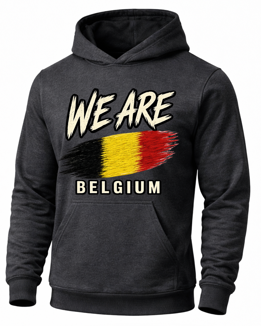 A dark gray heather pullover hoodie featuring a distressed graphic print on the front with the text 'WE ARE BELGIUM' and a stylized Belgian flag in black, yellow, and red.