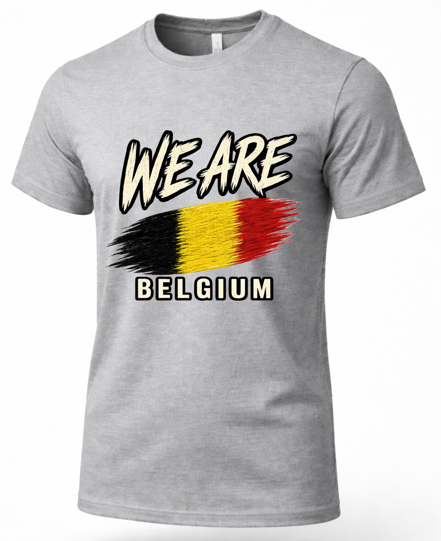 A heather gray short-sleeve crewneck t-shirt featuring a graphic print on the front with the text 'WE ARE BELGIUM' and a stylized Belgian flag in black, yellow, and red.