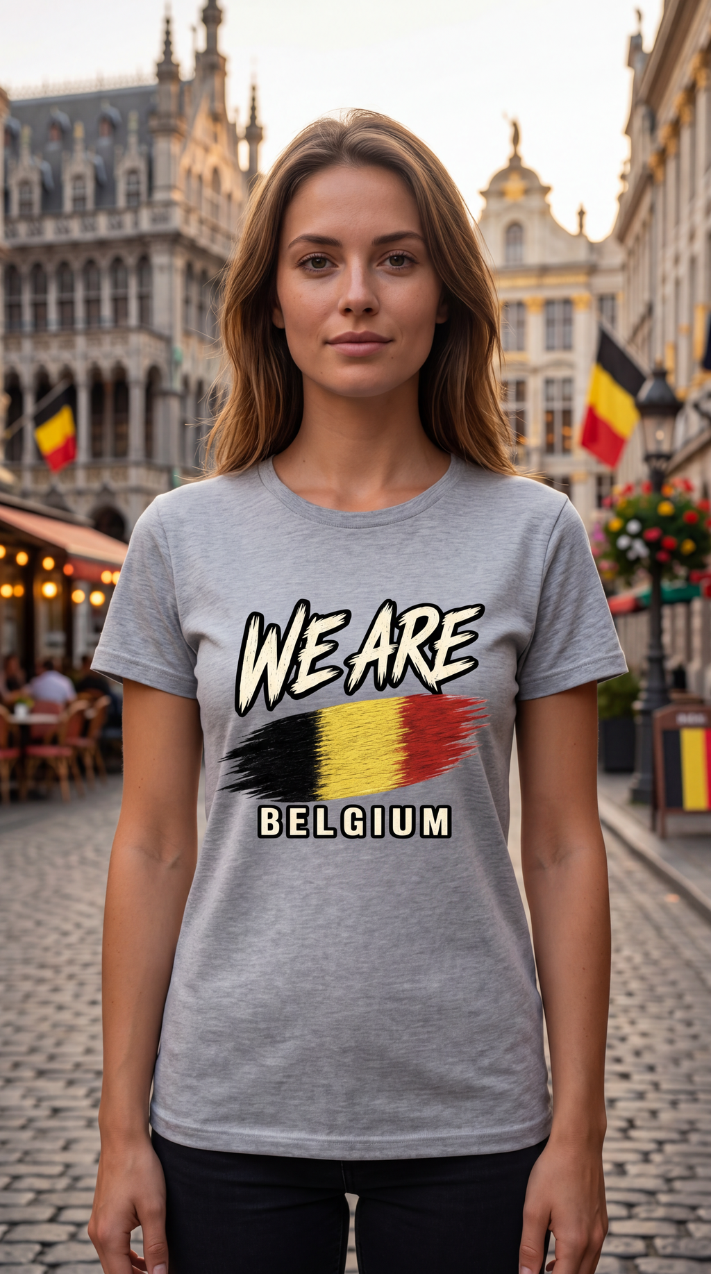 A woman stands in a cobblestone street in front of historic European buildings, wearing a heather gray graphic T-shirt with the words 'WE ARE BELGIUM' and a stylized Belgian flag design.