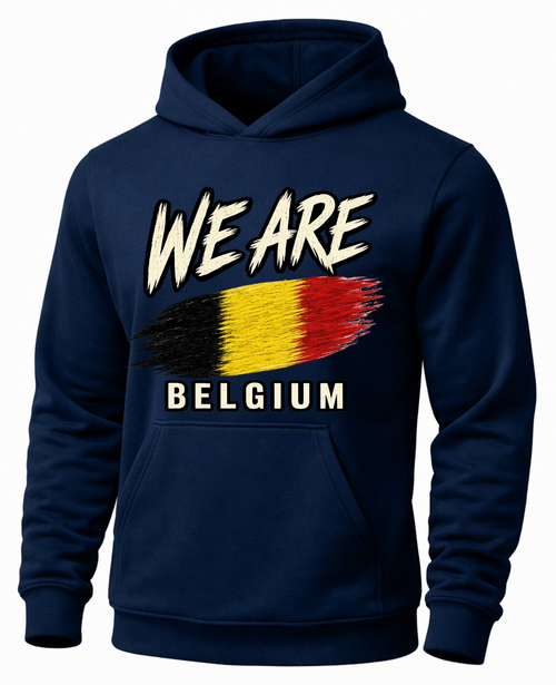 A navy blue pullover hoodie featuring a graphic print on the front with the text 'WE ARE' in white, a stylized Belgian flag in black, yellow, and red, and the word 'BELGIUM' below in white.