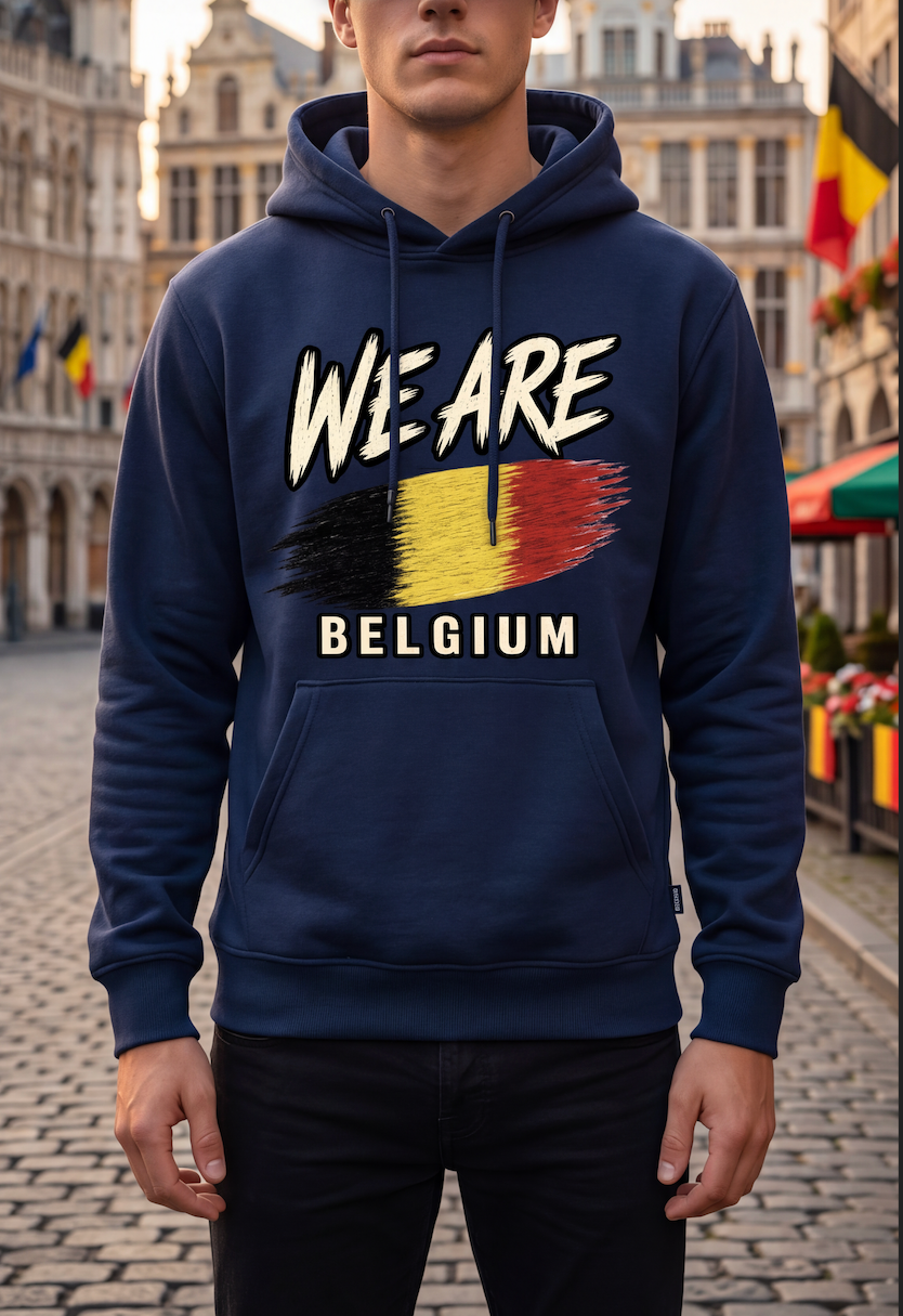 A man wearing a navy blue hoodie with a graphic print that reads 'WE ARE BELGIUM' above and below a Belgian flag design, standing on a cobblestone street with historic buildings in the background.