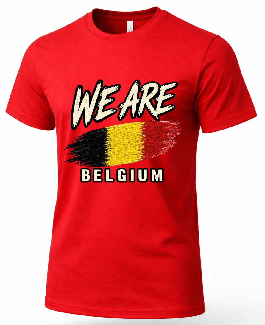 A red short-sleeve crewneck t-shirt featuring a graphic print on the front with the text 'WE ARE BELGIUM' and a stylized flag design in black, yellow, and red.