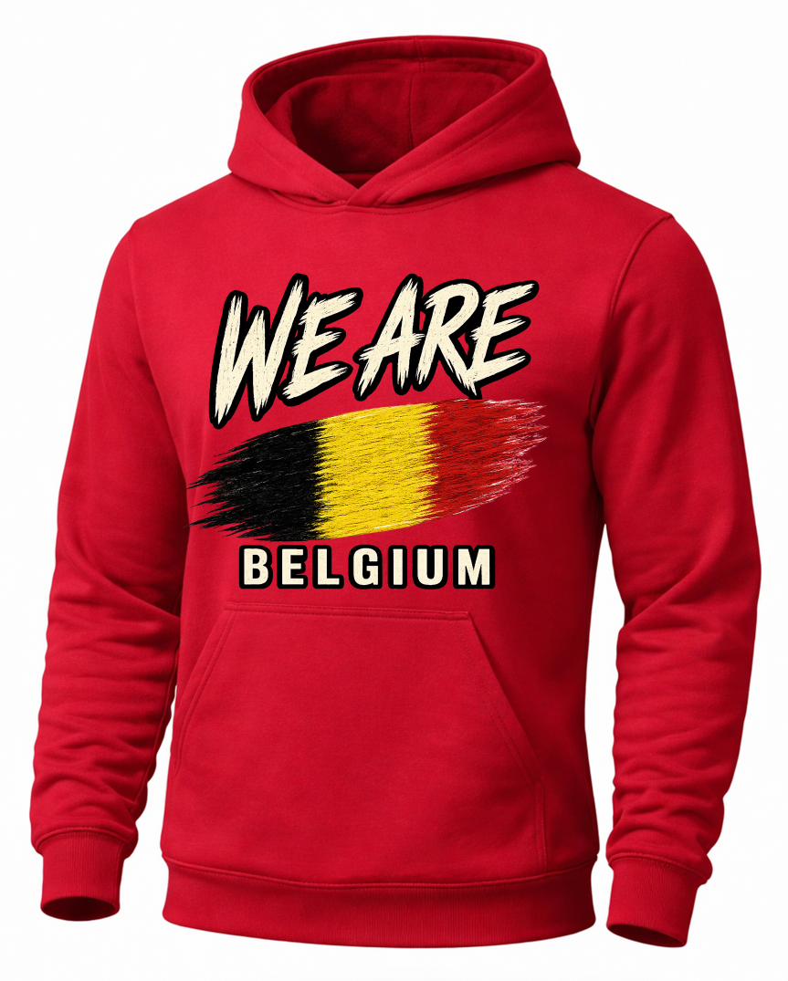 A red pullover hoodie featuring a graphic print on the chest with the text 'WE ARE' above a black, yellow, and red brushstroke design, and 'BELGIUM' below.
