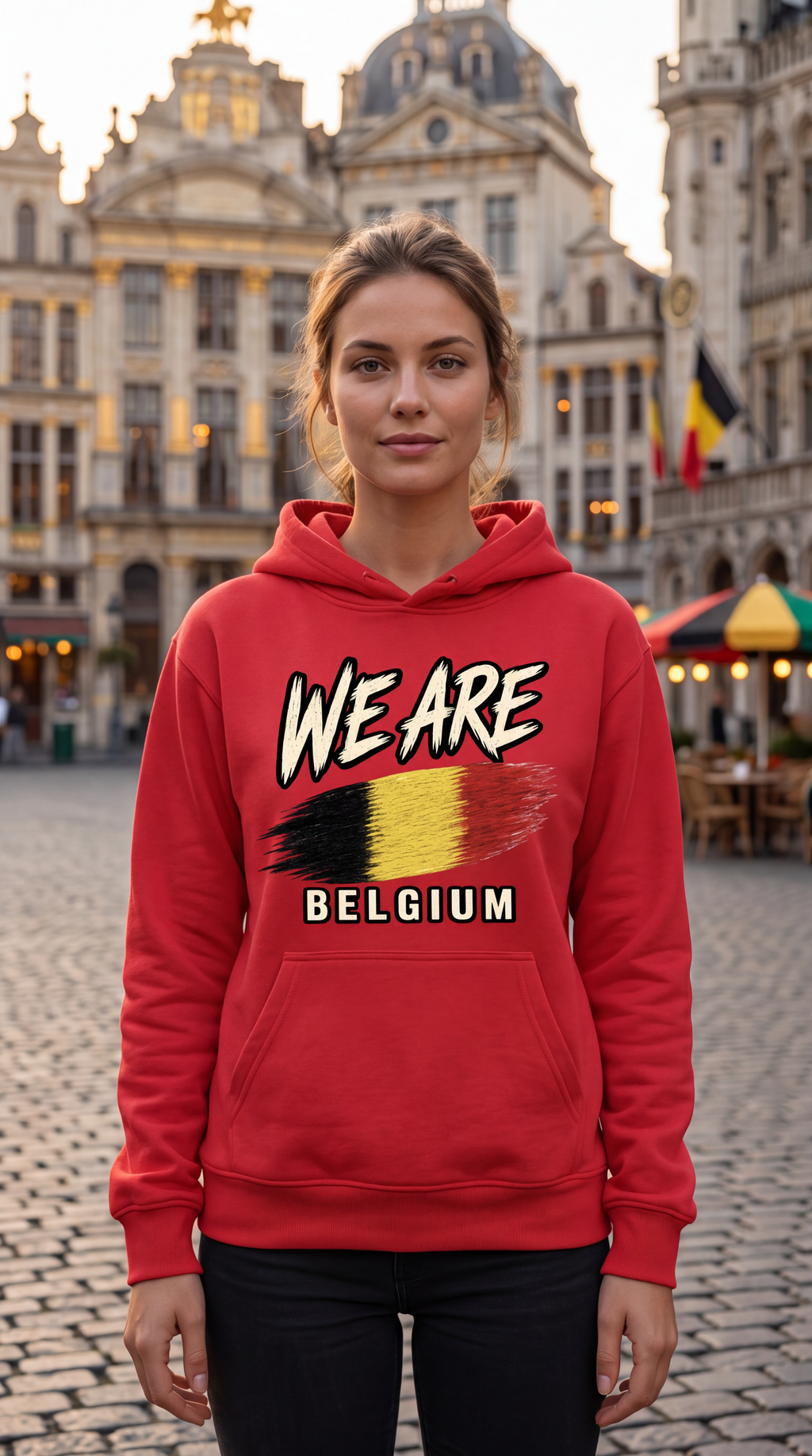 A woman stands in a cobblestone town square wearing a bright red hoodie with a graphic that reads 'WE ARE BELGIUM' above and below a black, yellow, and red flag design. Historic buildings and a Belgian flag are visible in the background.