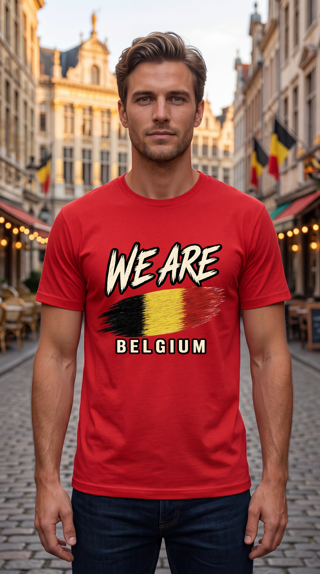 A man wearing a red graphic t-shirt with 'WE ARE BELGIUM' and a Belgian flag design, standing in a cobblestone street with historic buildings and flags in the background.