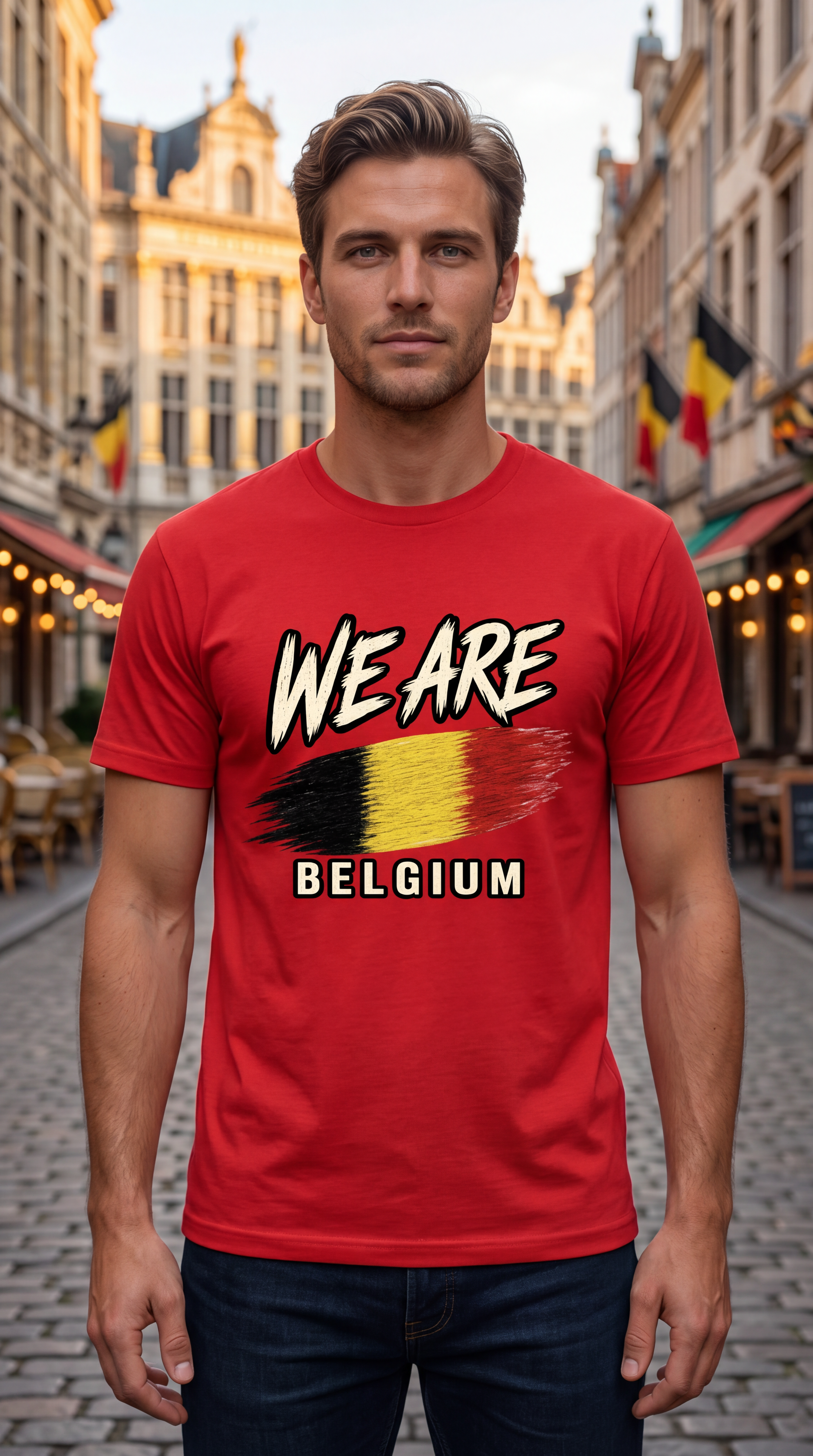 A man wearing a red graphic t-shirt with 'WE ARE BELGIUM' and a Belgian flag design, standing in a cobblestone street with historic buildings and flags in the background.