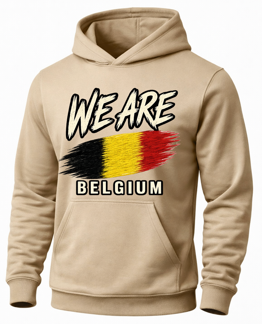 A beige pullover hoodie featuring a graphic print of the Belgian flag with the text 'WE ARE' above and 'BELGIUM' below, shown on a plain white background.