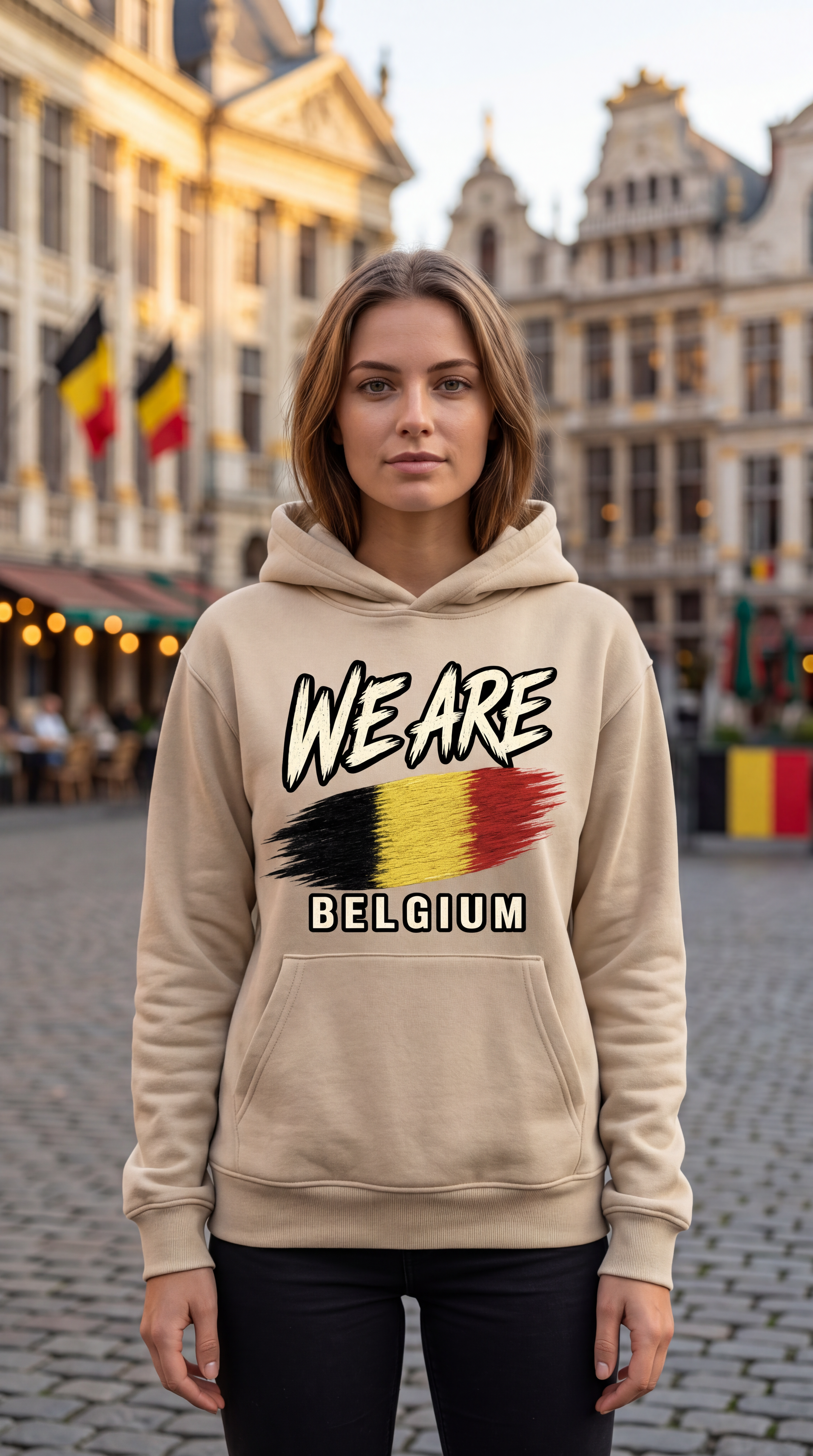 A woman stands in a cobblestone town square wearing a beige hoodie with a graphic that reads 'WE ARE BELGIUM' above a black, yellow, and red flag design. Historic buildings and Belgian flags are visible in the background.