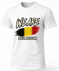 A white short-sleeve crewneck t-shirt featuring a graphic print on the front with the text 'WE ARE BELGIUM' and a stylized Belgian flag in black, yellow, and red.