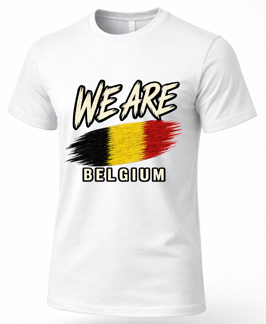 A white short-sleeve crewneck t-shirt featuring a graphic print on the front with the text 'WE ARE BELGIUM' and a stylized Belgian flag in black, yellow, and red.