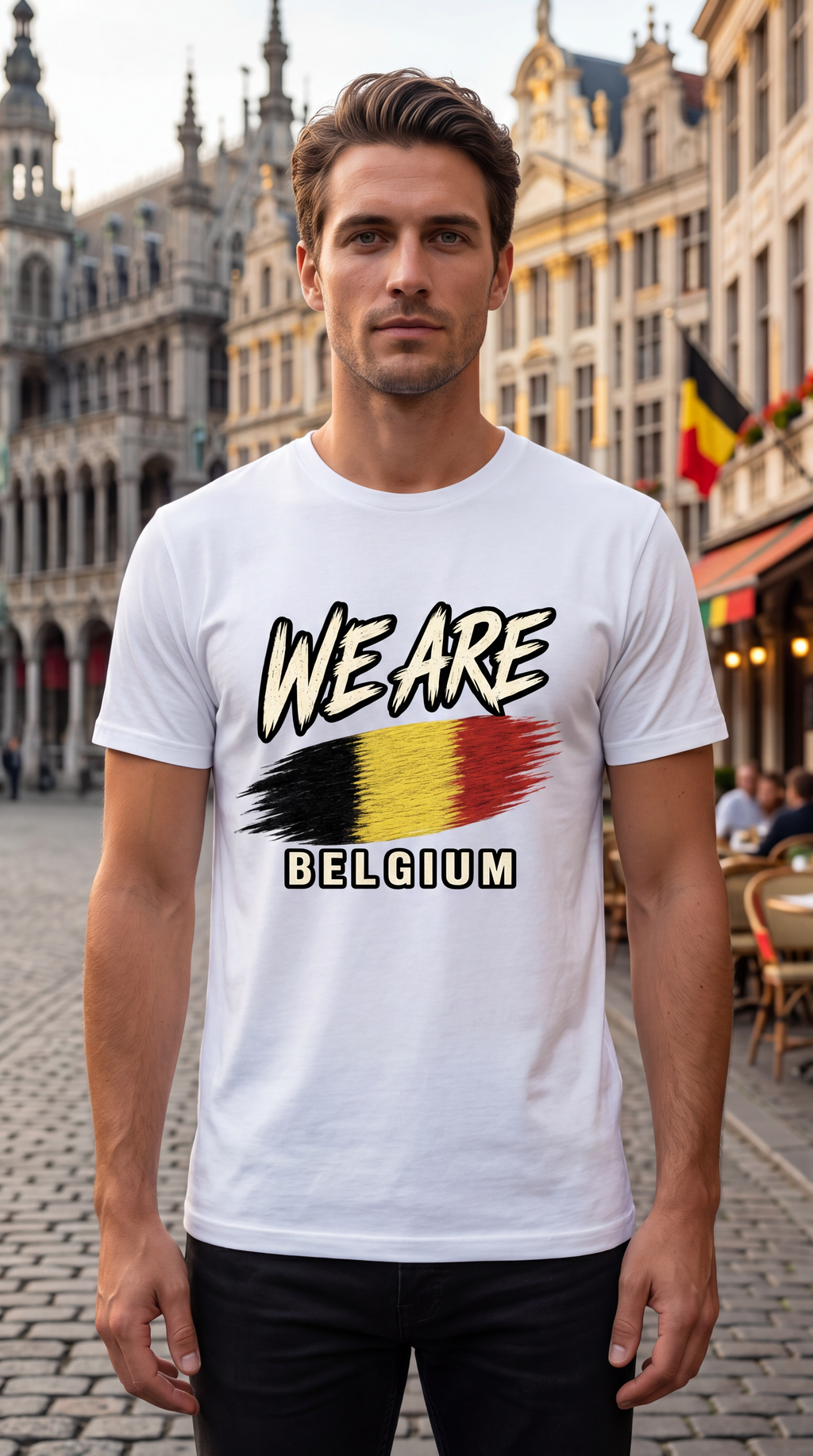 A man wearing a white graphic t-shirt with 'WE ARE BELGIUM' and a Belgian flag design, standing in a cobblestone street with historic buildings in the background.