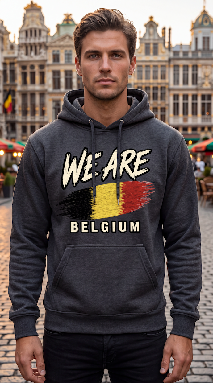 A man wearing a dark gray heather hoodie with a graphic print that reads 'WE ARE BELGIUM' and features the Belgian flag, standing in front of a blurred historic city square background.