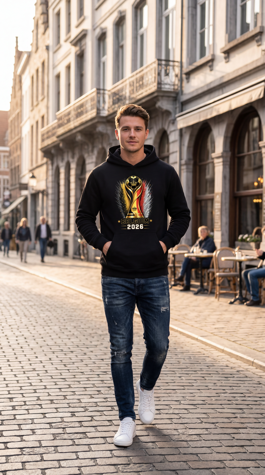 Man wearing a black hoodie with a graphic design on a city street.
