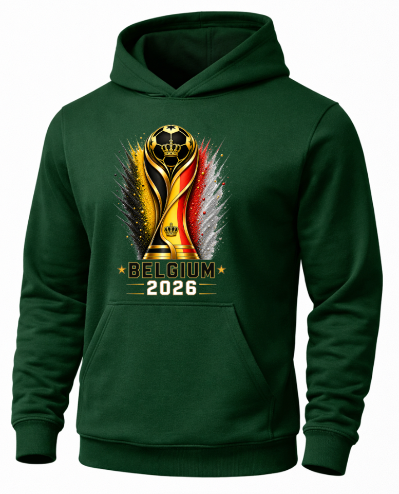 Green hoodie with Belgium 2026 design on a white background