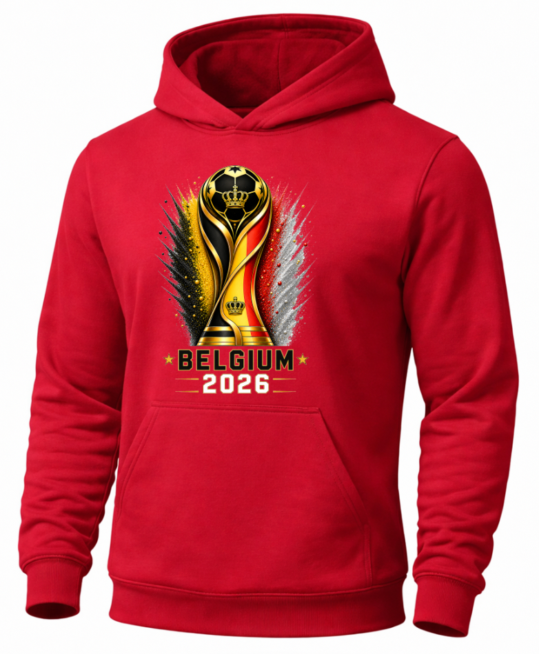 Red hoodie with Belgium 2026 World Cup trophy design on a white background