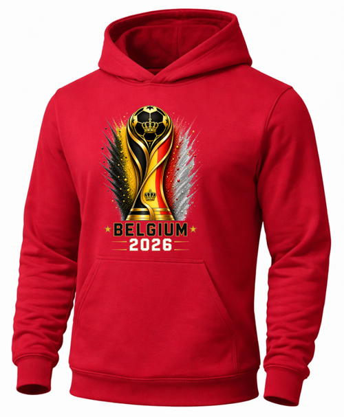 Red hoodie with Belgium 2026 World Cup trophy design on a white background