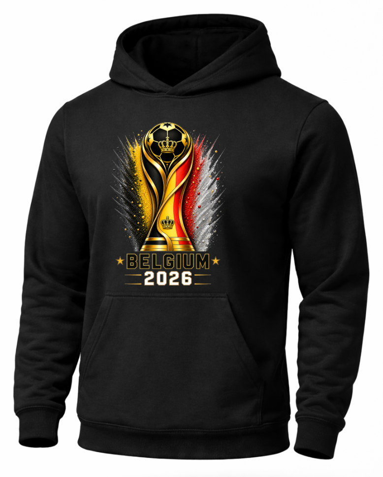 Black hoodie with Belgium 2026 World Cup trophy design on a white background