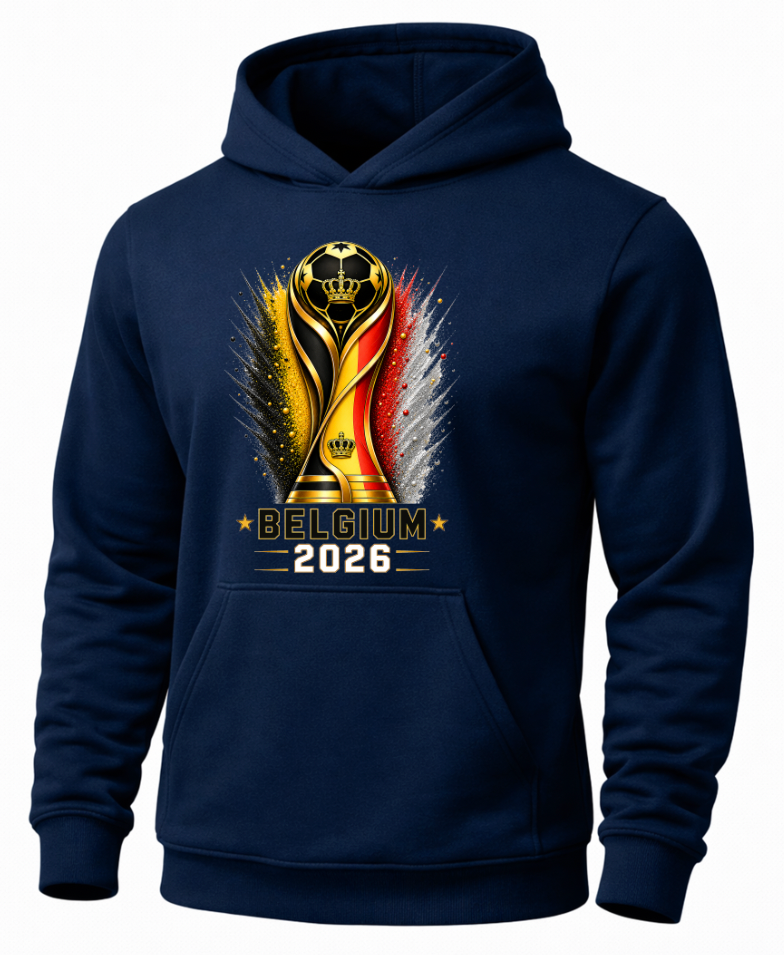 Navy blue hoodie with Belgium 2026 World Cup trophy design on a white background