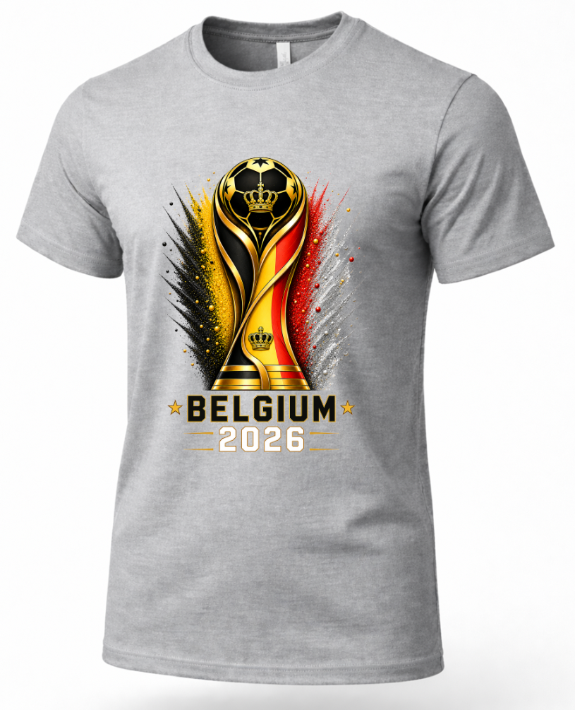 Gray t-shirt with Belgium 2026 World Cup design on a white background