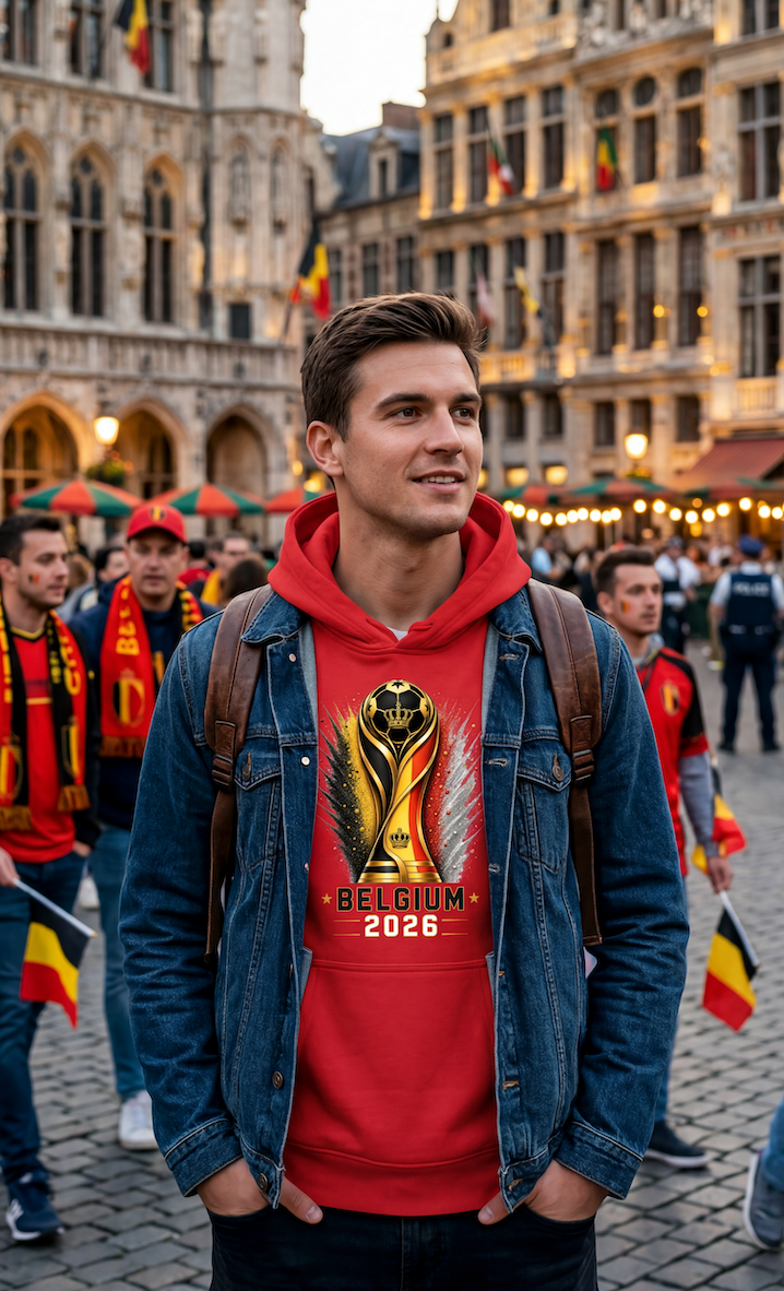 Man wearing a red hoodie with Belgium 2020 design in an urban setting